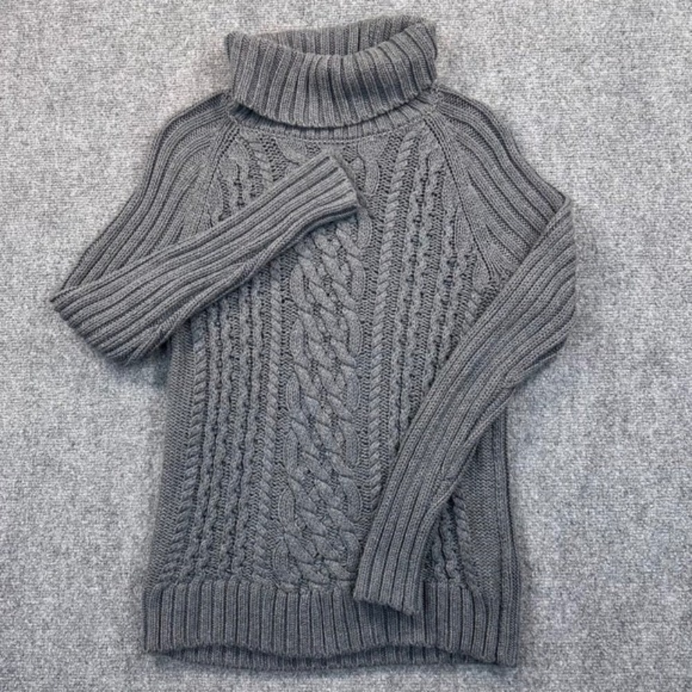 Banana Republic Tan Cotton Chunky‎ Cable Knit Turtleneck Sweater Women's S Gray - Picture 2 of 13